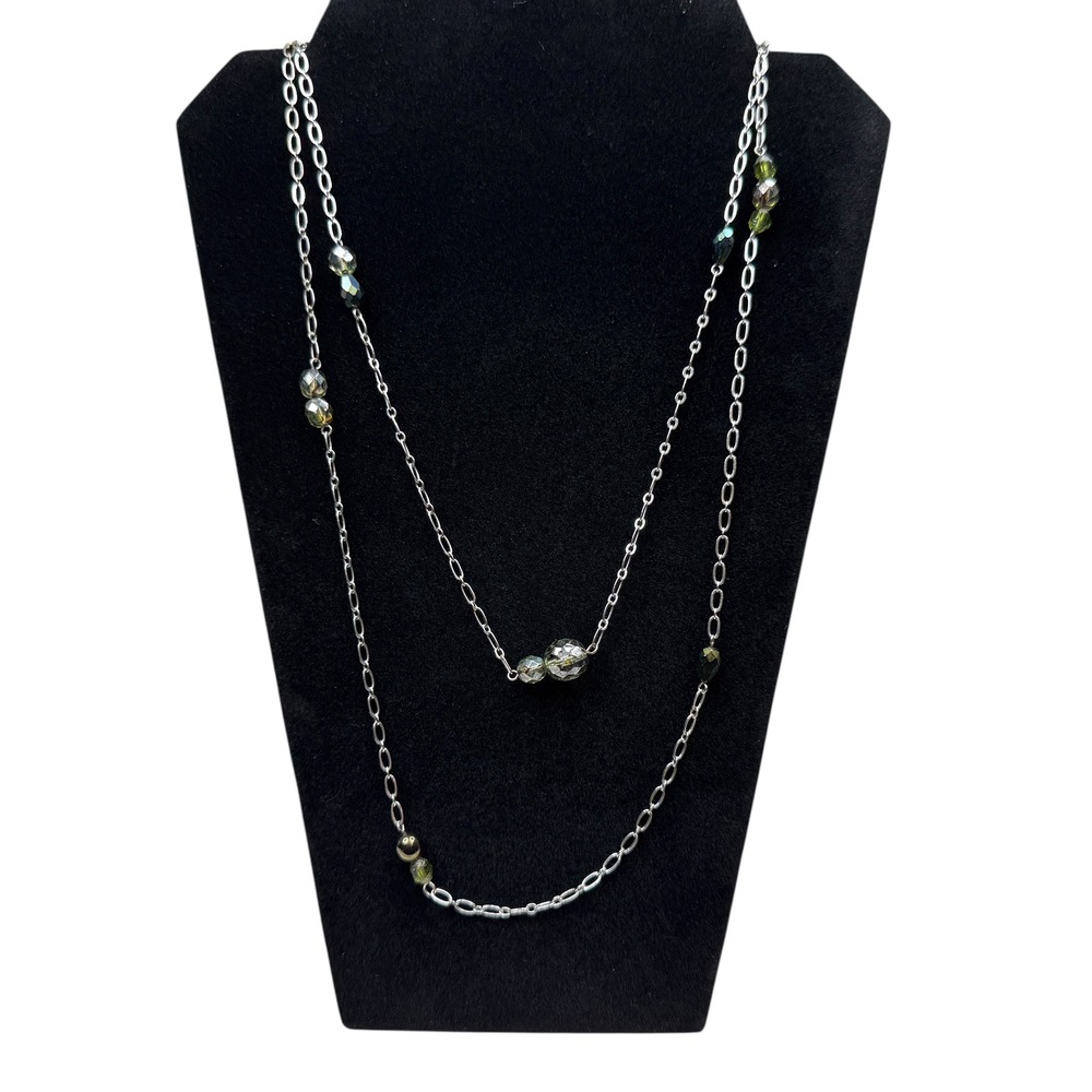 Rachel Long Layering Green Glass Crystal Necklace Accent Silver Tone Chain 52 in